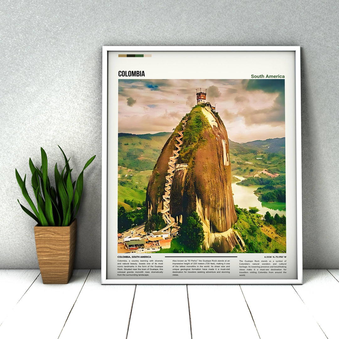 Vibrant Colombia travel poster featuring the iconic Guatape Rock. A stunning artistic portrayal of Colombia&#39;s natural beauty and cultural heritage