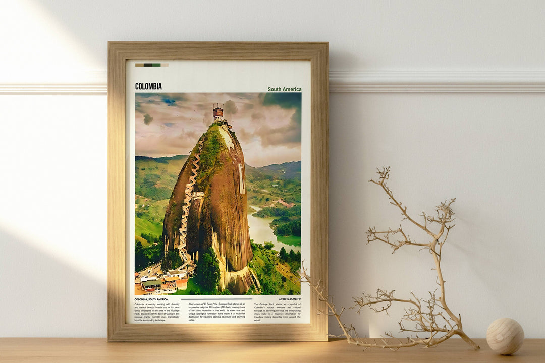 Vibrant Colombia travel poster featuring the iconic Guatape Rock. A stunning artistic portrayal of Colombia&#39;s natural beauty and cultural heritage.