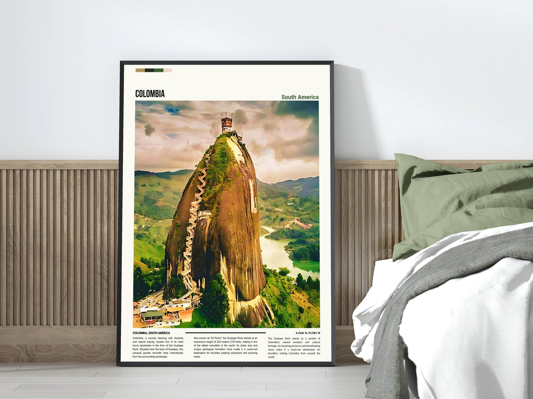 Enchanting Colombia artwork capturing the beauty of Guatape Rock, an emblem of Colombia&#39;s allure.