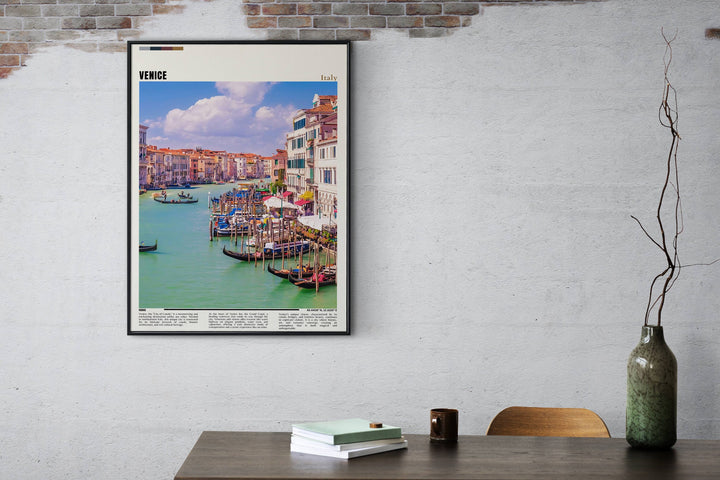 Vibrant Italy art print capturing the essence of Venice. Add a pop of color and culture to your space with this captivating travel art