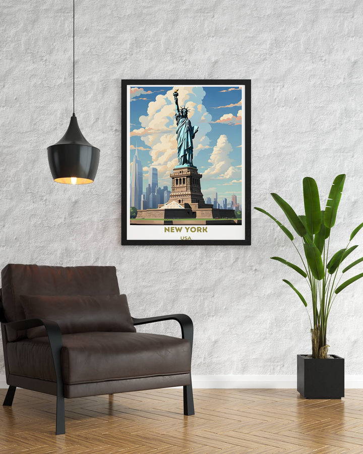 Retro New York City illustration: Vintage-inspired art featuring iconic NYC landmarks, a unique housewarming or travel souvenir