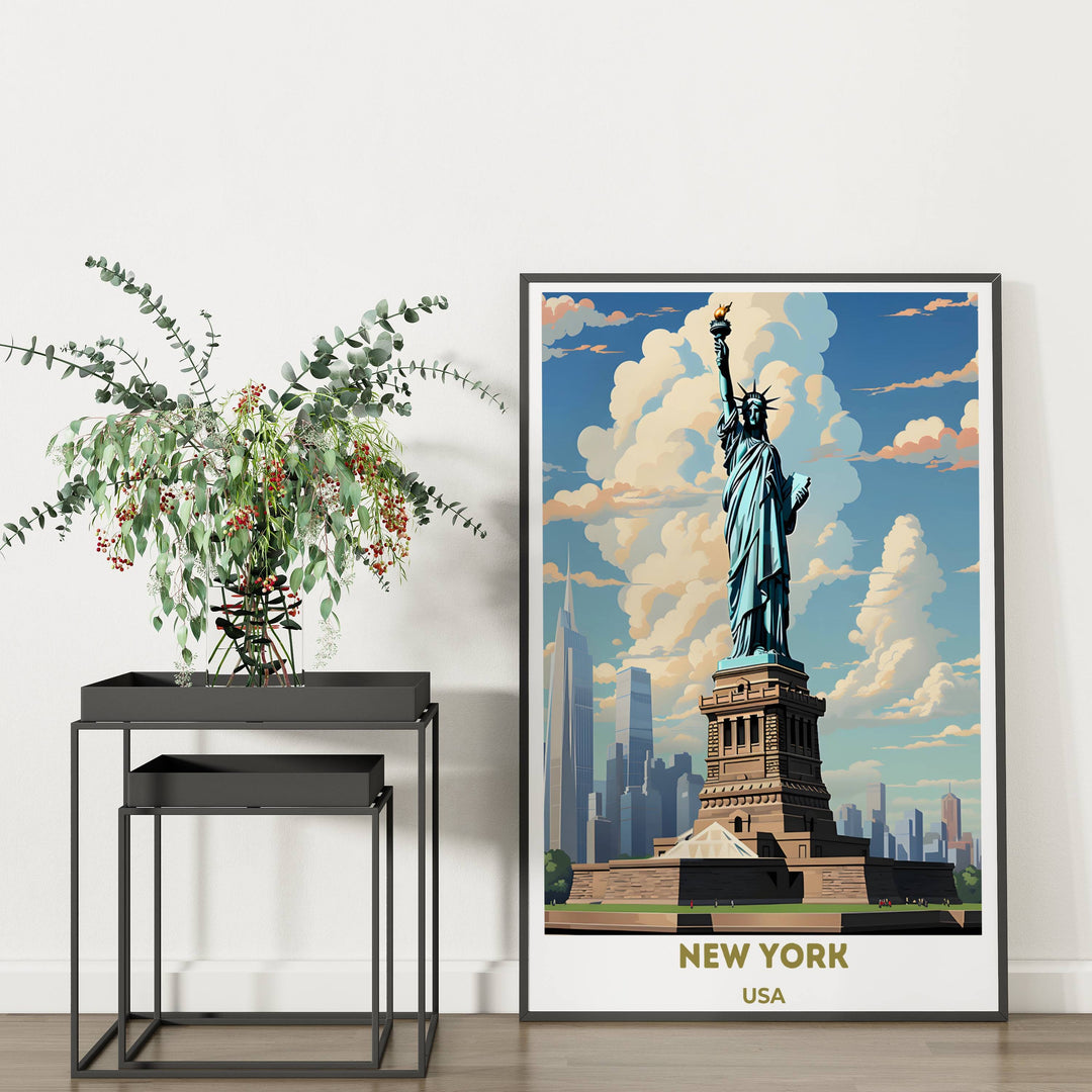 Manhattan skyline poster: Retro NYC illustration, a perfect gift for those who adore New York Citys timeless charm.