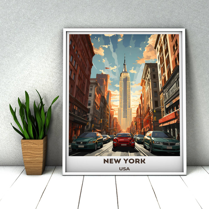New York City poster: Retro illustration showcasing iconic landmarks, a perfect housewarming or travel-inspired gift