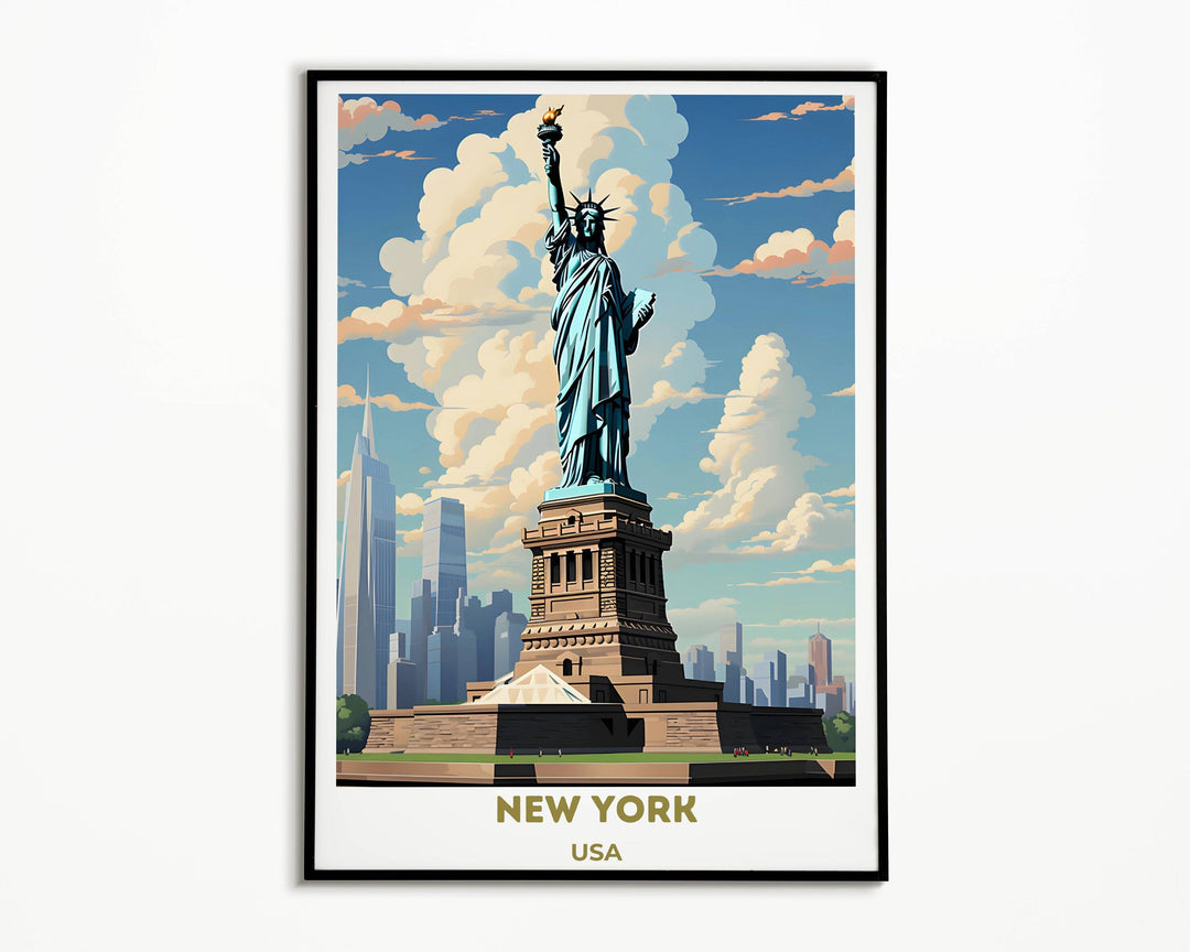 Retro NYC-themed poster featuring iconic Manhattan landmarks, perfect as a housewarming gift or for New York City enthusiasts. Vintage illustration of NYC skyline and landmark