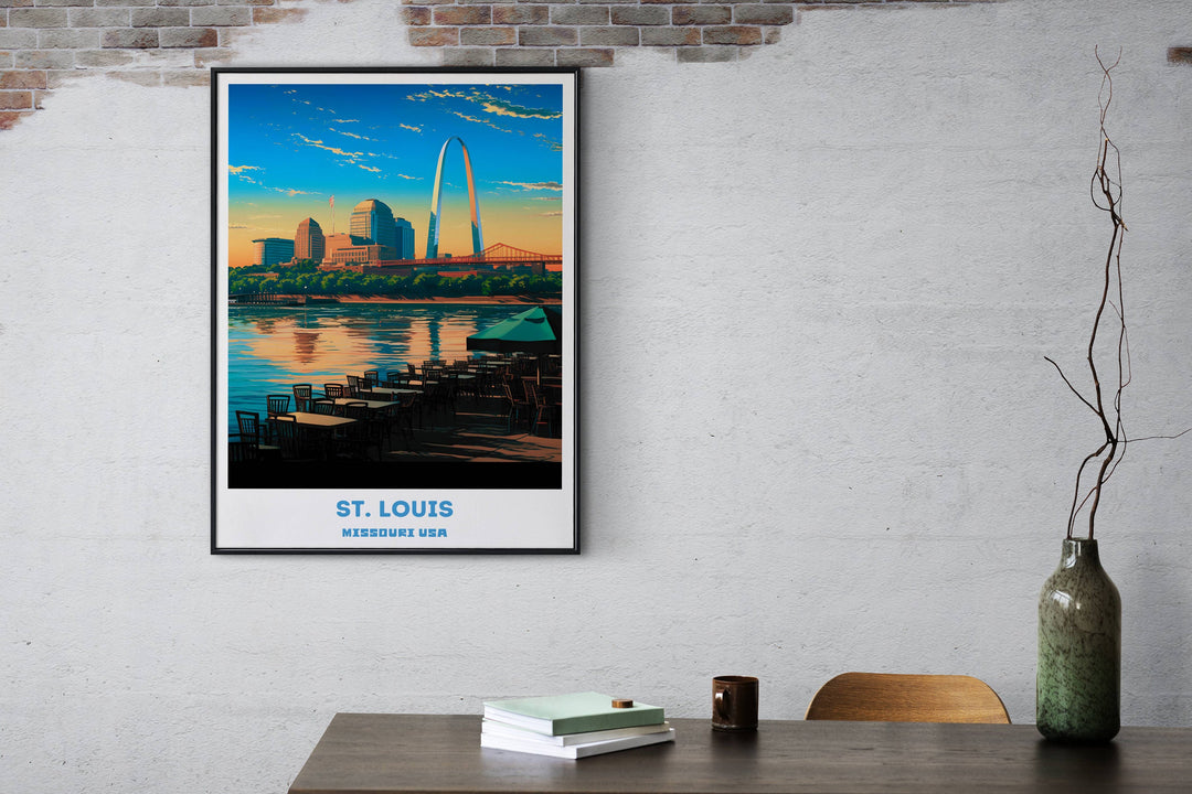 St. Louis city art print depicting the beauty of the Gateway City. Perfect St. Louis poster for anyone who loves the city&#39;s charm. Missouri skyline painting.