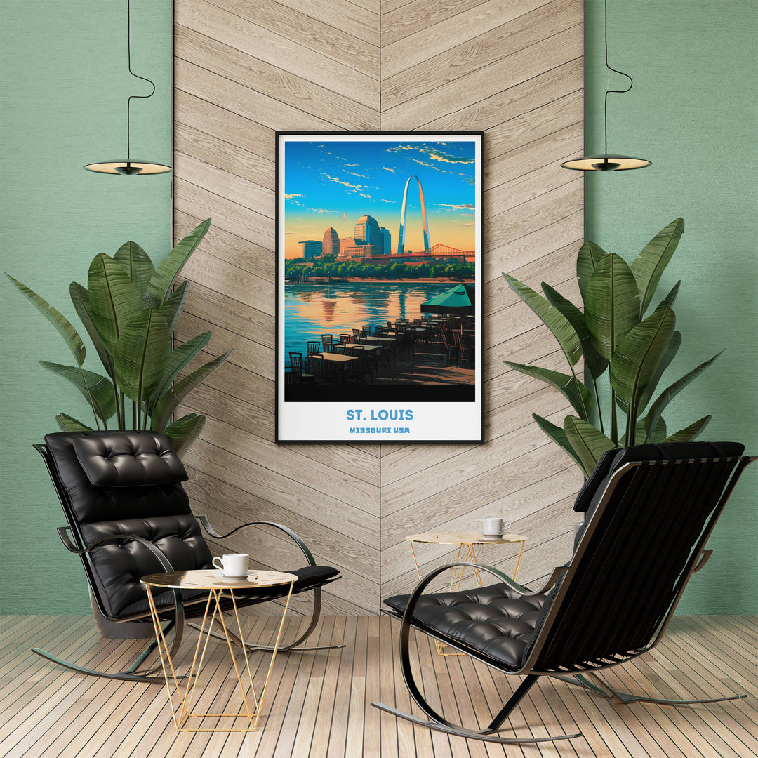 St. Louis skyline painting showcasing the city&#39;s architectural wonders. Perfect St. Louis wall art for any room. Missouri print for lovers of cityscapes.