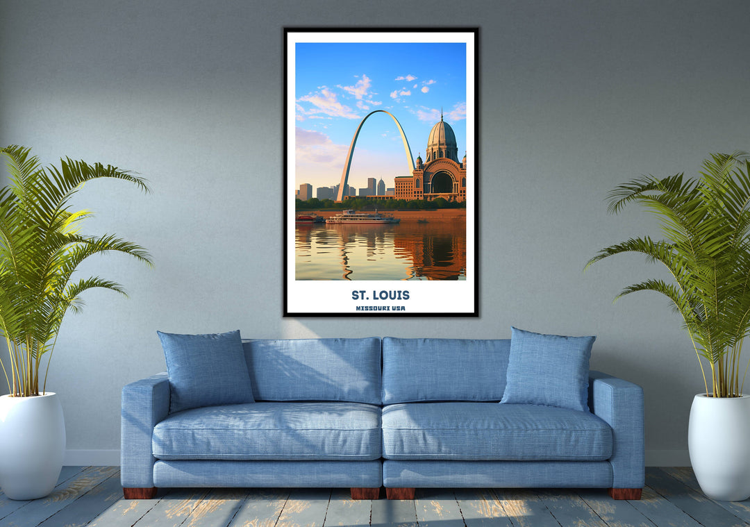 a living room with a blue couch and a picture of st louis