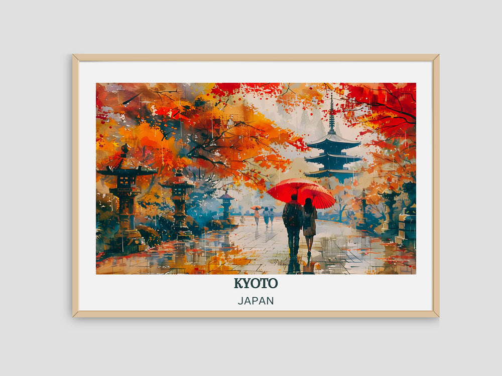 Our Glamorous Kyoto Travel Print will consistently impact your living space by turning it into a cool and elegant place. Anyone who loves art or travelling would immediately become a big lover of this fantastic artwork.Elegant Kyoto wall art featuring traditional Japanese architecture and serene landscapes, ideal for enhancing home decor.