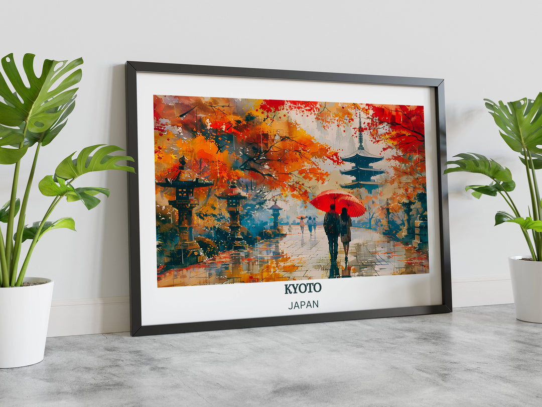 Kyoto wall art digital download, showcasing the city's vibrant autumn colors and traditional tea houses.