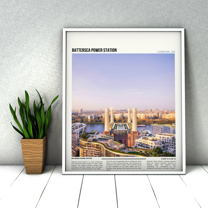 An artistic representation of Battersea Power Station in London, set against the iconic London skyline. This stunning Battersea Wall Art captures the essence of British landmarks, making it a perfect housewarming gift