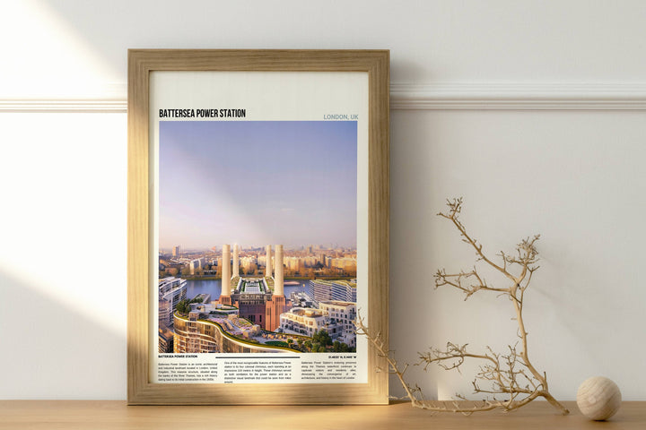 An artistic representation of Battersea Power Station in London, set against the iconic London skyline. This stunning Battersea Wall Art captures the essence of British landmarks, making it a perfect housewarming gift