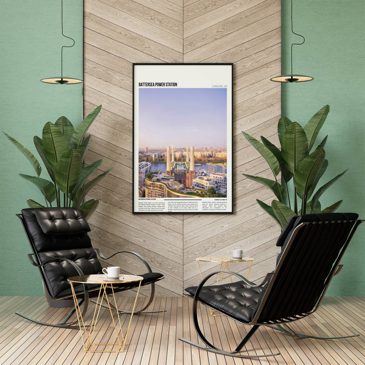 An artistic representation of Battersea Power Station in London, set against the iconic London skyline. This stunning Battersea Wall Art captures the essence of British landmarks, making it a perfect housewarming gift