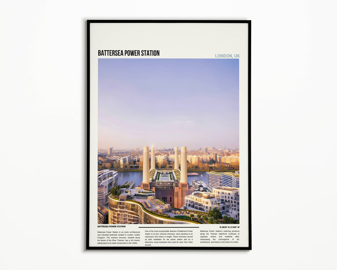 An artistic representation of Battersea Power Station in London, set against the iconic London skyline. This stunning Battersea Wall Art captures the essence of British landmarks, making it a perfect housewarming gift