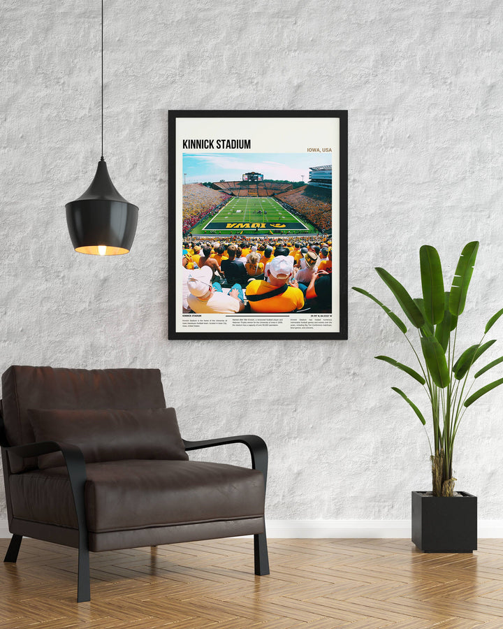 Eye-catching print celebrating the legacy of Iowa Hawkeyes football, featuring Kinnick Stadium and iconic players, perfect for fans.