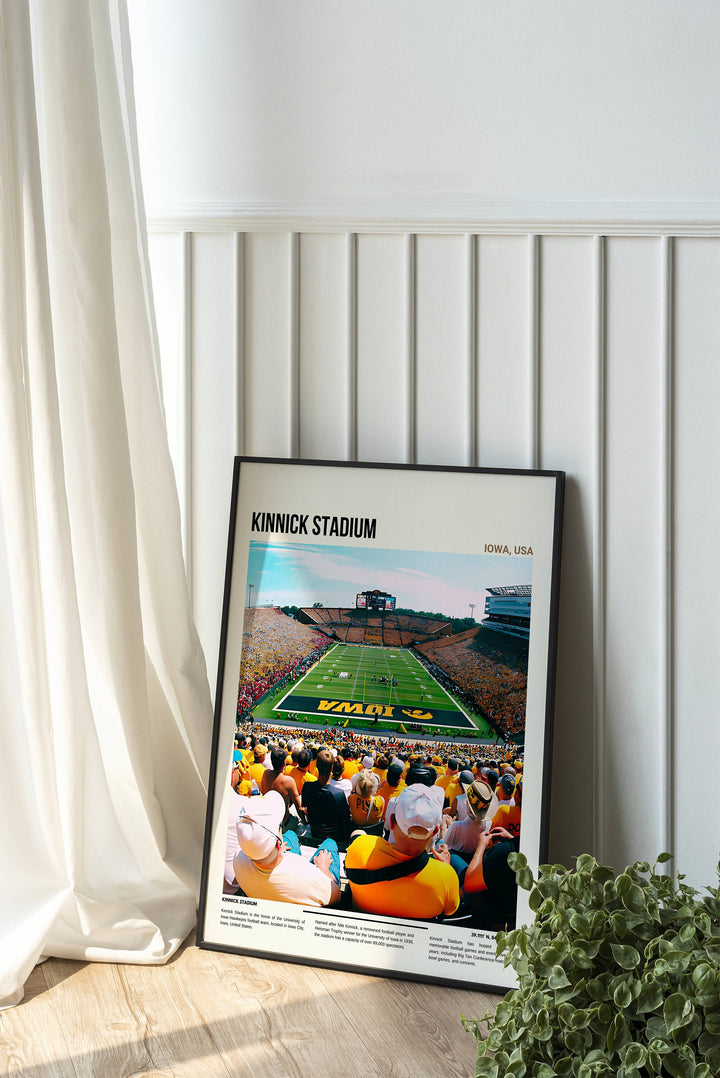 Dynamic Iowa Hawkeyes football print featuring Kinnick Stadium and star players, a memorable gift for University of Iowa supporters.
