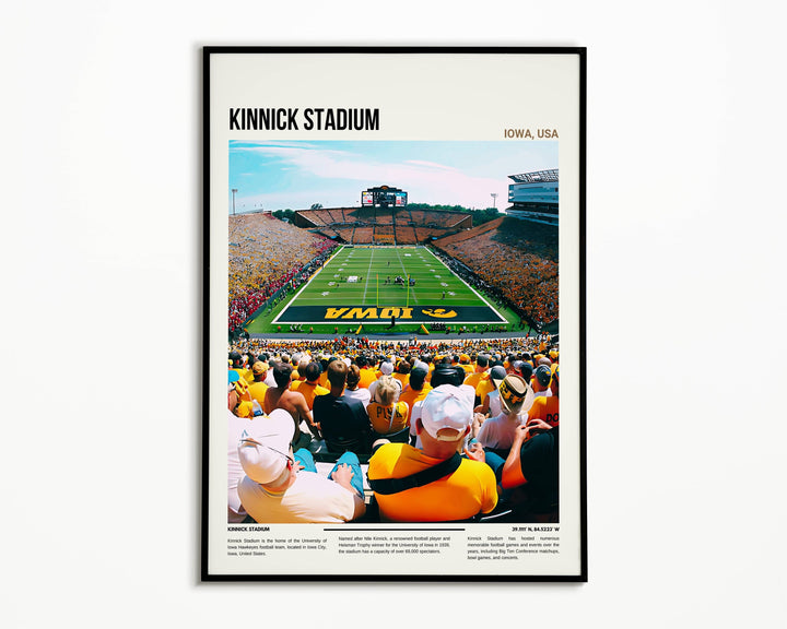 Illustration featuring Iowa Hawkeyes football players Jay Higgins, Tory Taylor, and Cooper DeJean in action at Kinnick Stadium. Perfect housewarming gift for University of Iowa fans