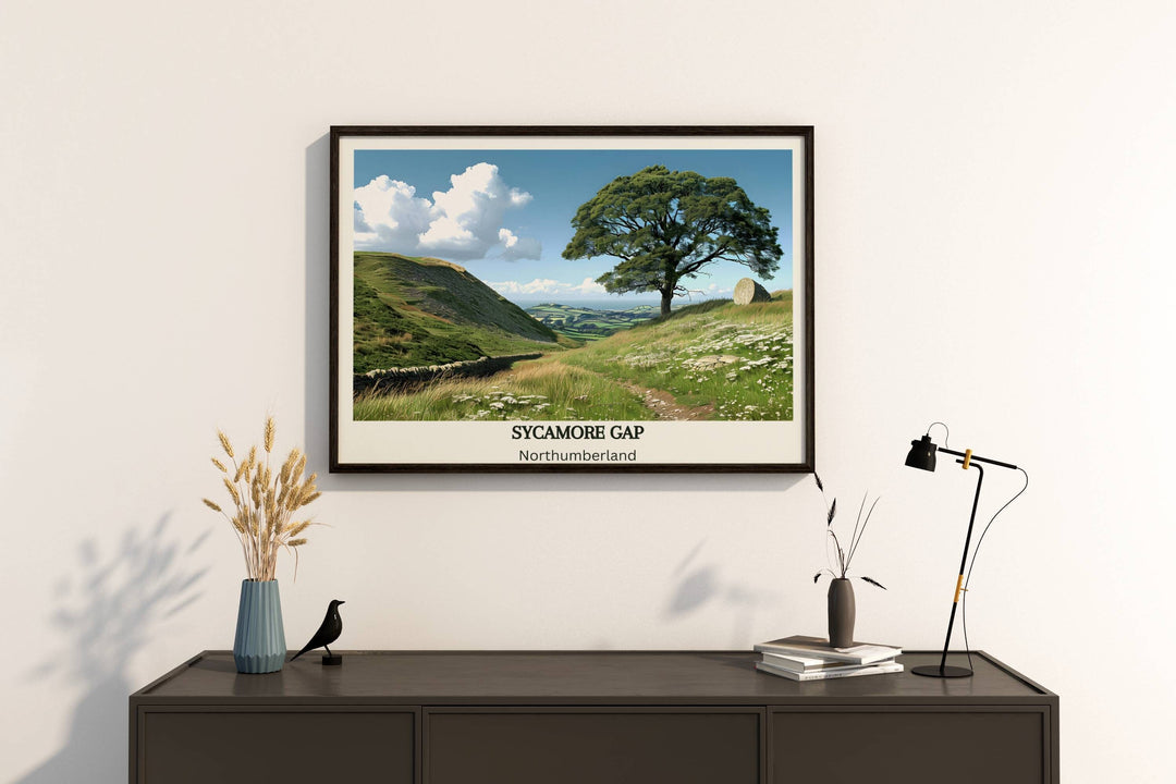 Housewarming delight: A stunning Northumberland print featuring Sycamore Gap, ideal for adorning walls and celebrating new beginnings by the English countryside