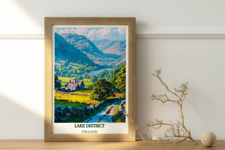 Artistic Lake District Travel Poster showcasing the breathtaking landscapes of Cumbria, England. A charming addition to any home decor
