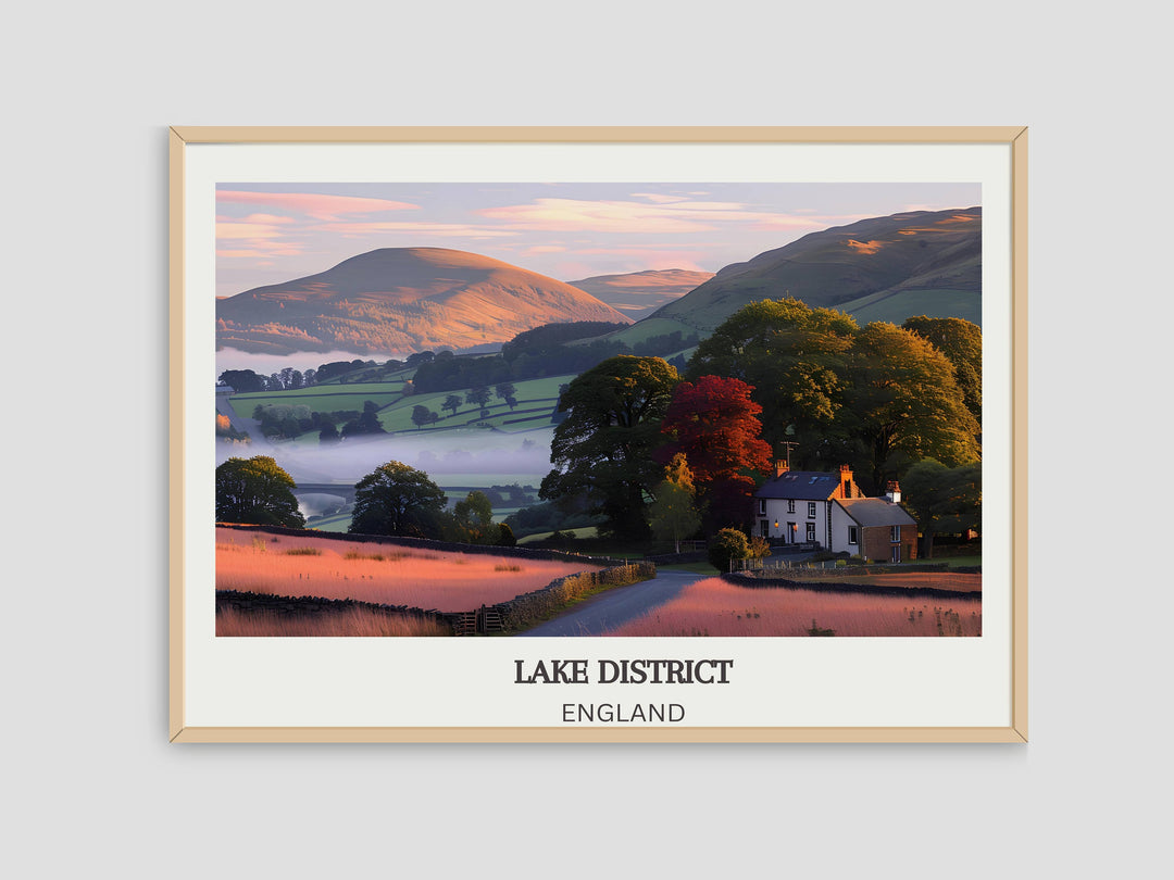 Whimsical UK Travel Print capturing the essence of the Lake District charm, ideal for igniting wanderlust in any space