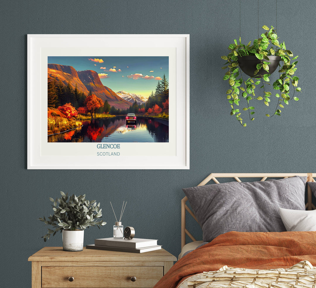 Travel prints featuring Glencoe, a must-have for Scotland enthusiasts, offering a glimpse into the breathtaking scenery of Glencoe, Scotland