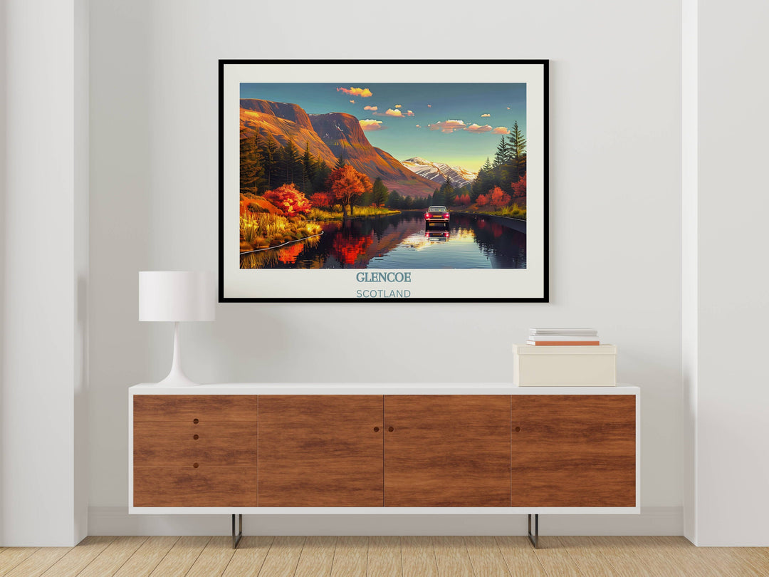 Capture the essence of Scotland with this Glencoe illustration, offering a timeless portrayal of the Scottish Highlands natural grandeur