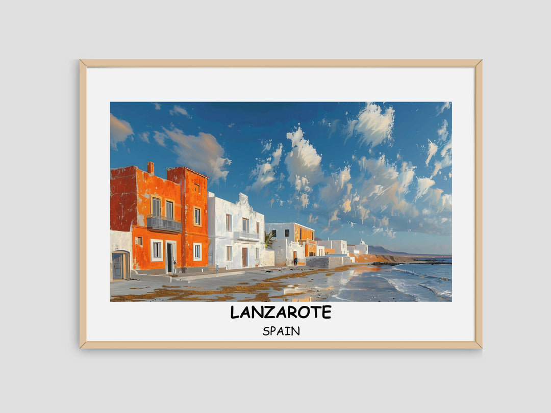 Lanzarote Poster Vibrant artwork showcasing charm of Canary Islands. Ideal decor for Spain lovers.