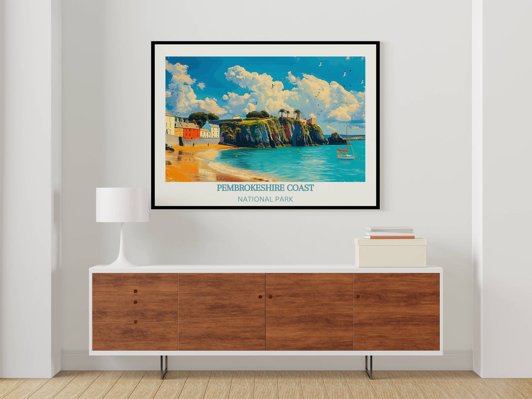 Dynamic Pembrokeshire Art: a dynamic print capturing the vibrant energy of Pembrokes landscape. Ideal for adding vitality to any space.