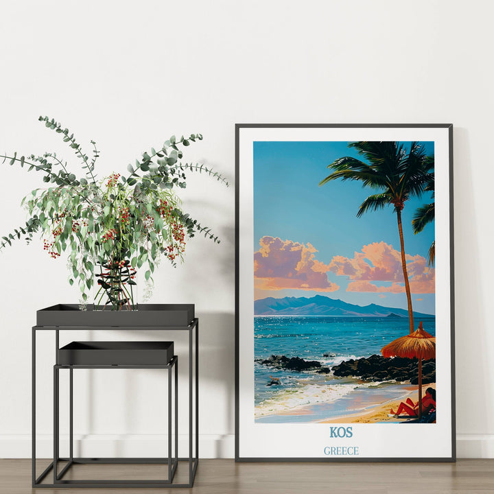 Transport yourself to the serene shores of Kos with this stunning Greece travel print, an ideal gift for wanderlust souls.