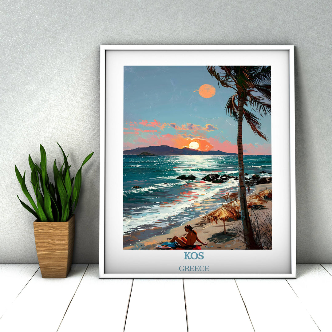 Escape to the idyllic landscapes of the Greek Islands with this mesmerizing Kos print, a perfect gift for any occasion.