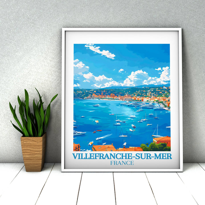 Immerse yourself in the charm of Villefranche-sur-Mer, France, with this captivating travel print celebrating the beauty of the French Riviera.