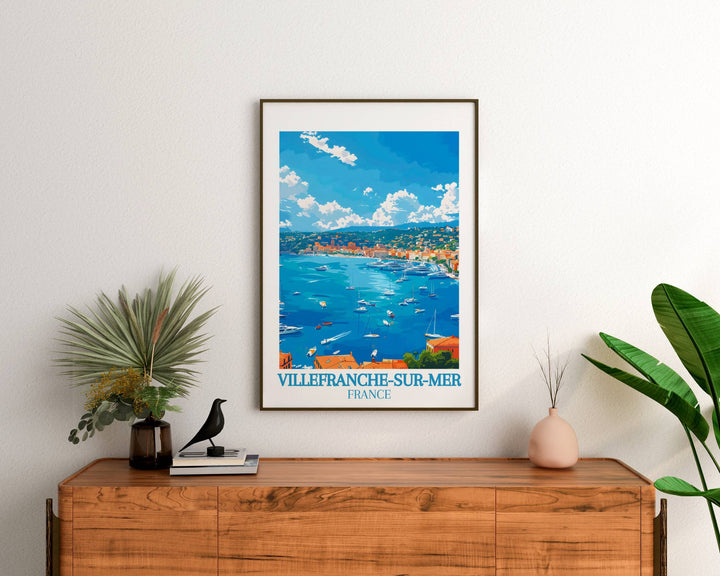 Transport yourself to the sun-kissed shores of the French Riviera with this stunning Villefranche-sur-Mer print, perfect for France enthusiasts.