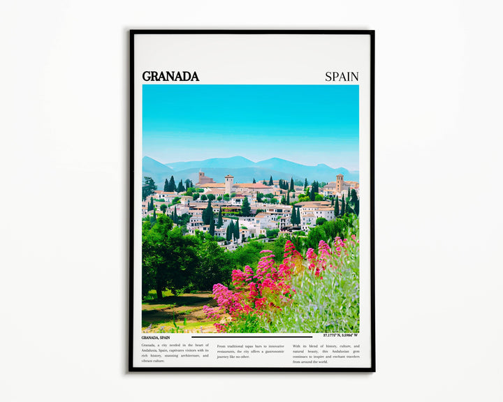 Capture the essence of Granada rich culture and breathtaking architecture with this Spain travel print. Perfect for home decor or housewarming gifts, featuring iconic landmarks like the Alhambra Palace