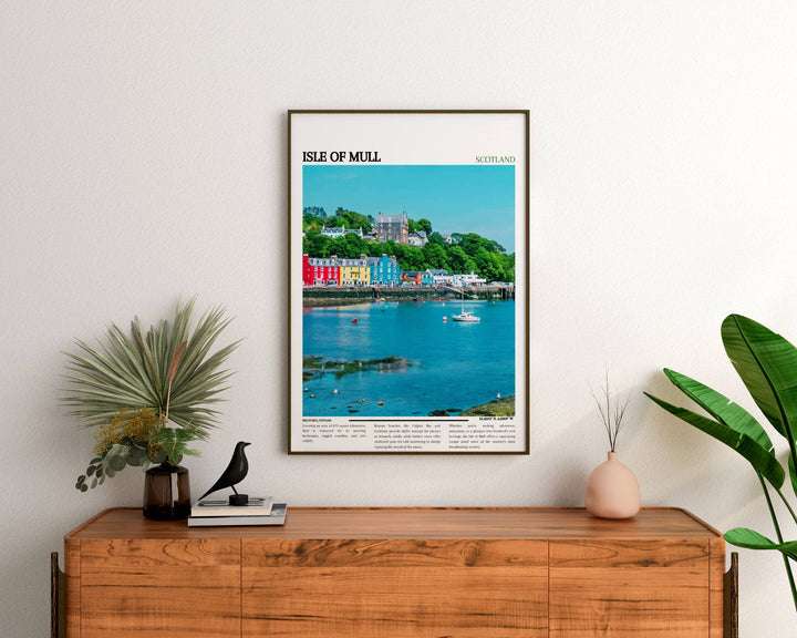 Tranquil Tombermory scene depicted in this vibrant Scotland poster. Perfect for adding a pop of color to your home or office decor. Ideal gift for those who appreciate the charm of Mull.