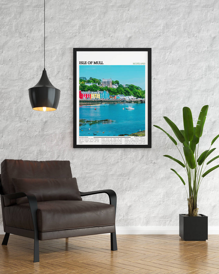 Tranquil Tombermory scene depicted in this vibrant Scotland poster. Perfect for adding a pop of color to your home or office decor. Ideal gift for those who appreciate the charm of Mull.