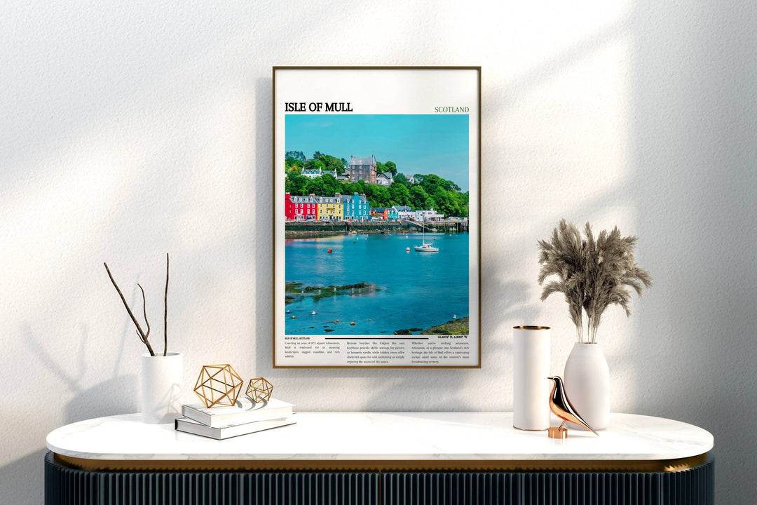 Tranquil Tombermory scene depicted in this vibrant Scotland poster. Perfect for adding a pop of color to your home or office decor. Ideal gift for those who appreciate the charm of Mull.