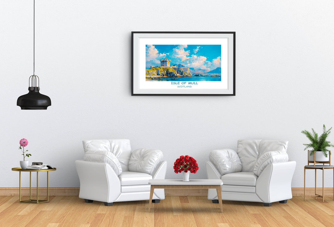 Magnificent Duart Castle depicted in this captivating Scotland poster. Perfect for home or office decor, adding a touch of Scottish history and elegance to any space. Ideal gift for Scotland enthusiasts.