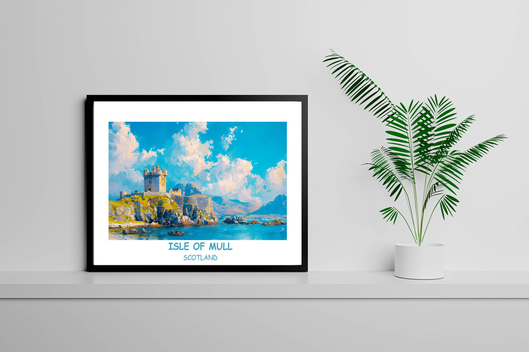 Duart Castle depicted in this captivating Scotland poster. Perfect for adding a touch of Scottish heritage to your home or office decor. Ideal gift for Scotland enthusiasts or anyone who loves Mull.