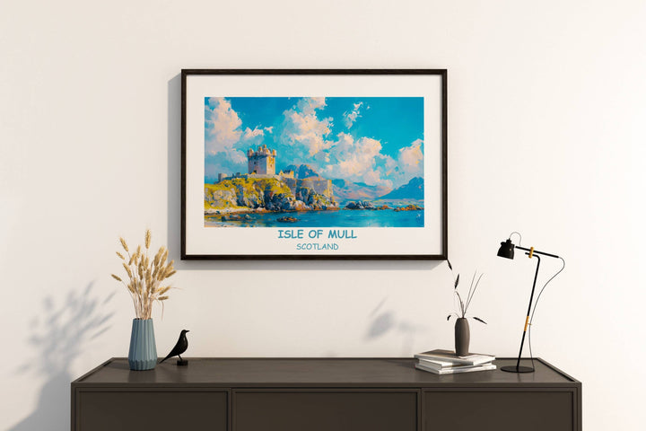 Vibrant wall decor featuring Duart Castle, a symbol of Scottish heritage on the Isle of Mull. Perfect gift for housewarmings or to add a touch of Scotland to your home or office decor.