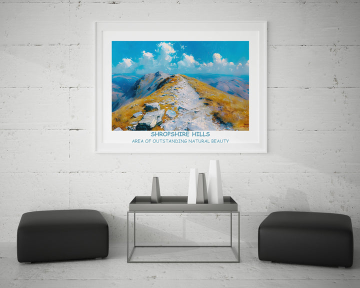 Enchanting Shropshire Hills wall art with The Long Mynd, The Stiperstones, and Ludlow Castle. Ideal for UK-inspired interiors.