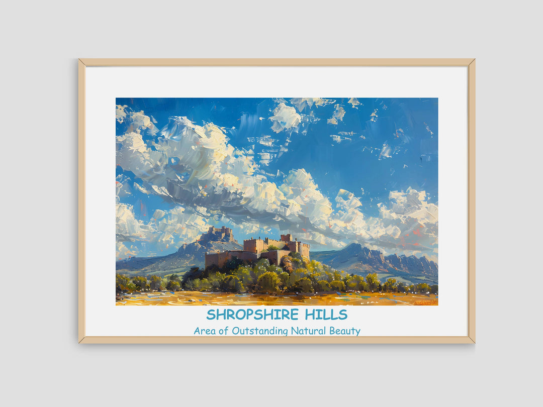 Gorgeous Shropshire scenery print highlighting The Long Mynd, The Stiperstones, and Ludlow Castle. Perfect for UK rooms.