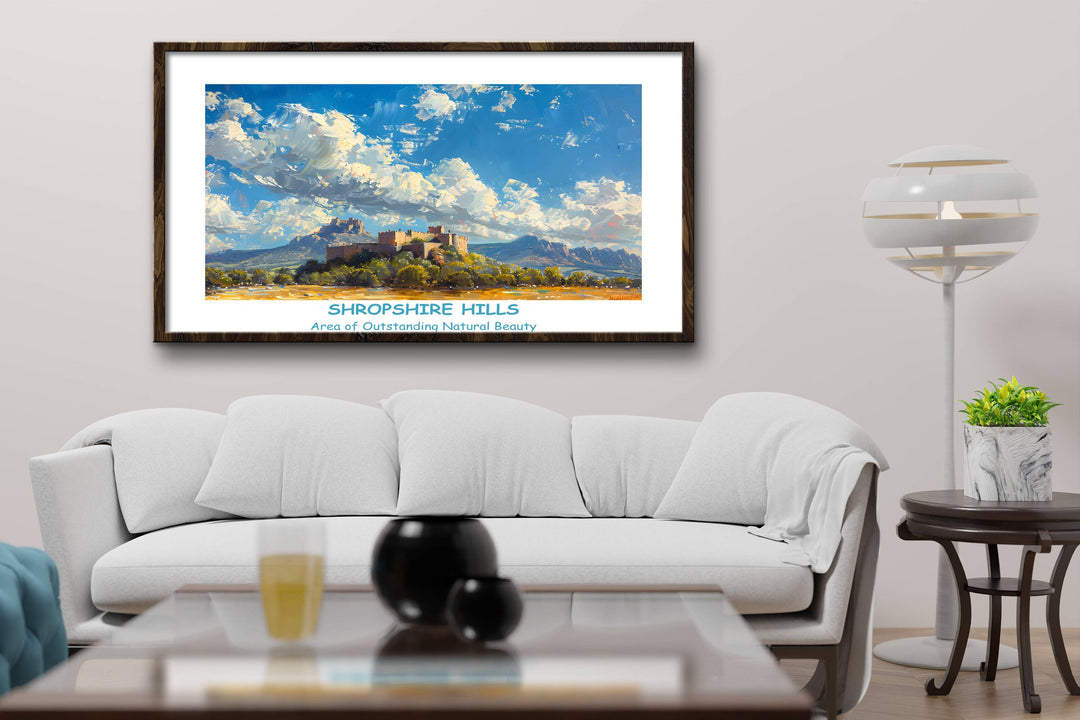 Whimsical Shropshire landscape print with The Long Mynd, The Stiperstones, and Ludlow Castle. Perfect for UK lovers