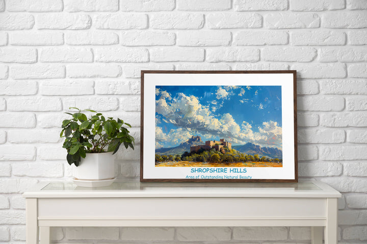 Whimsical Shropshire landscape print with The Long Mynd, The Stiperstones, and Ludlow Castle. Perfect for UK lovers