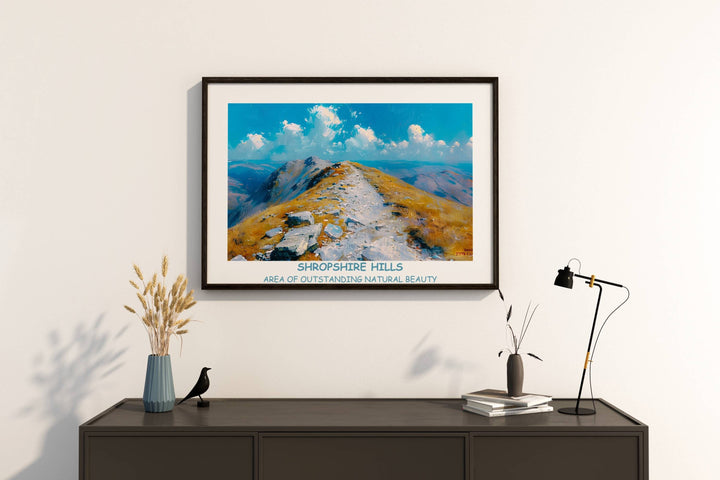 Charming Shropshire scenery print highlighting The Long Mynd, The Stiperstones, and Ludlow Castle. Perfect for UK rooms.