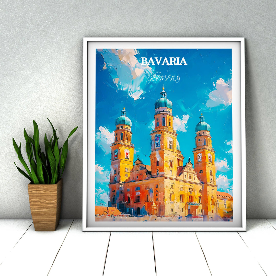 Vivid Bavaria print with Neuschwanstein Castle and Marienplatz. Ideal home decor or Bavarian gift for Germany travel enthusiasts.