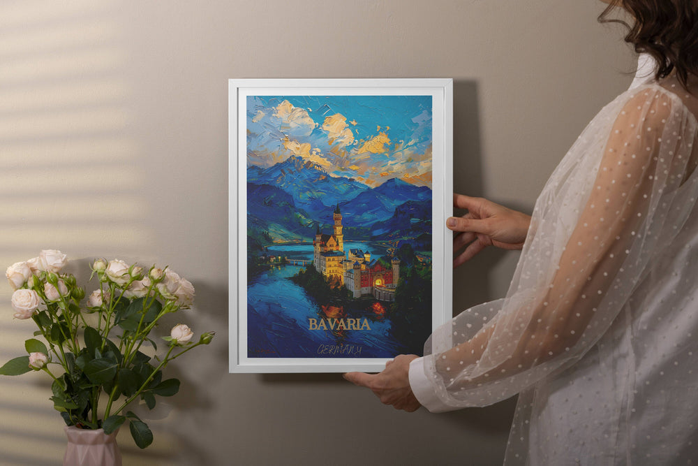 Germany travel print capturing Bavarian Alps and Neuschwanstein Castle. Perfect souvenir or home decor accent.