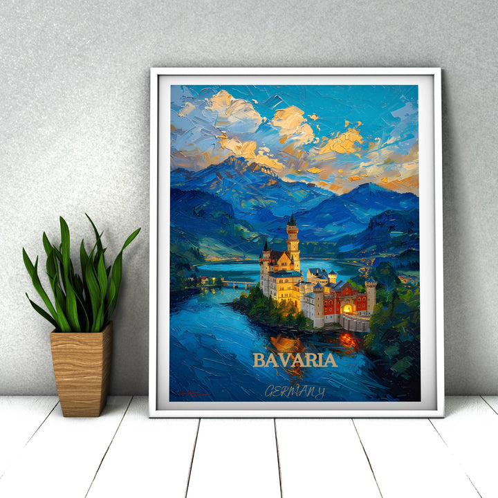 Germany travel illustration capturing Neuschwanstein Castle and Marienplatz. Perfect Bavarian gift or home decor accent.