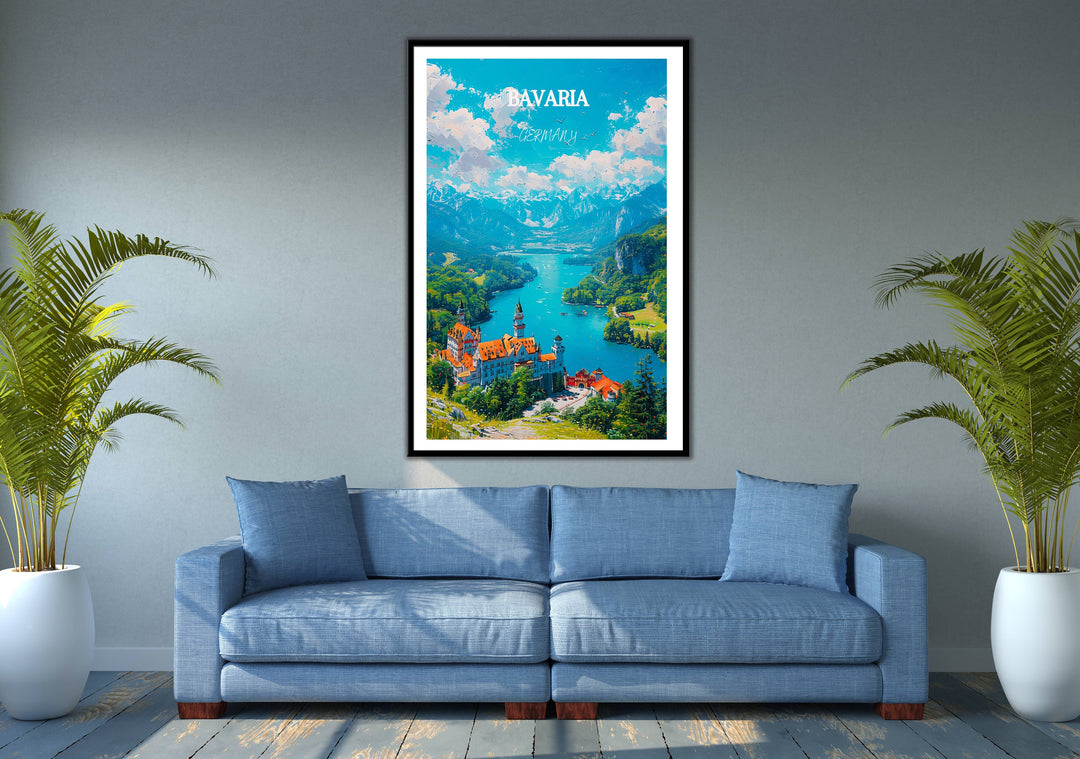 Bavarian Alps illustration capturing Bavarian Alps and Neuschwanstein Castle. Great Germany travel memento or home decor piece.