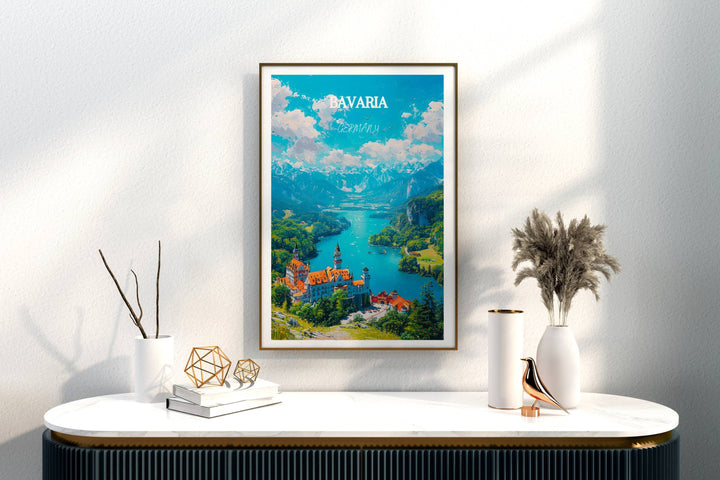 Germany travel illustration featuring Bavarian Alps and Neuschwanstein Castle. Perfect souvenir or home decor accent.