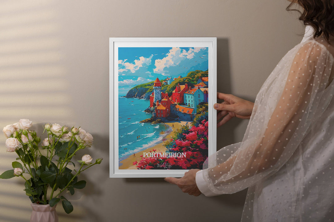 Colorful illustration of Portmeirion, a jewel of Welsh heritage, perfect for adorning walls or presenting as a thoughtful gift, evoking the magic of Portmeirion, Wales.