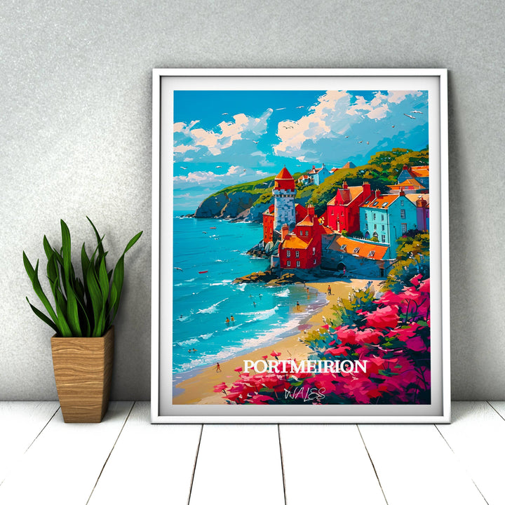 Detailed artwork capturing the essence of Portmeirion, Wales, a delightful addition to any space, reflecting the picturesque beauty of Welsh villages.